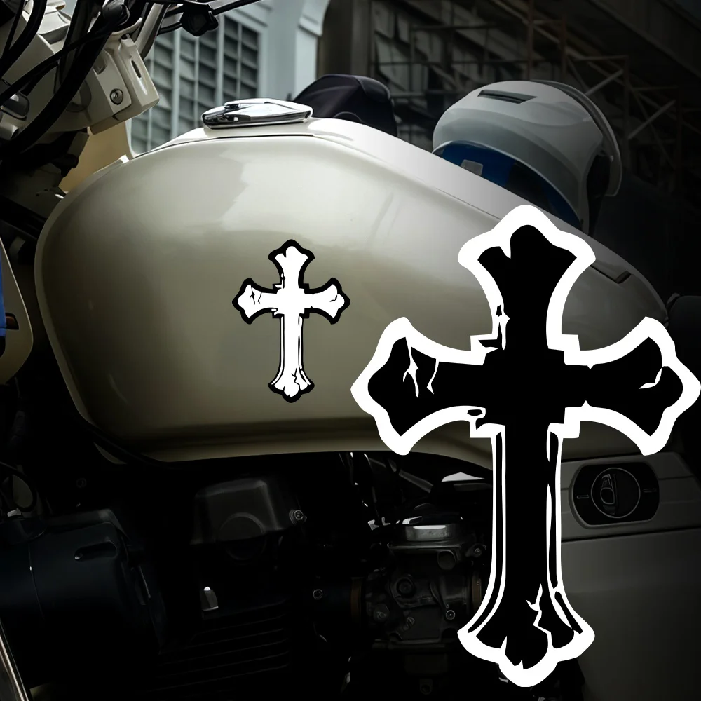 2Pcs Cracked Gothic Cross Stickers, Holographic Gradient Vinyl Decals for Helmet, Fuel Tank, Car Window & Laptop