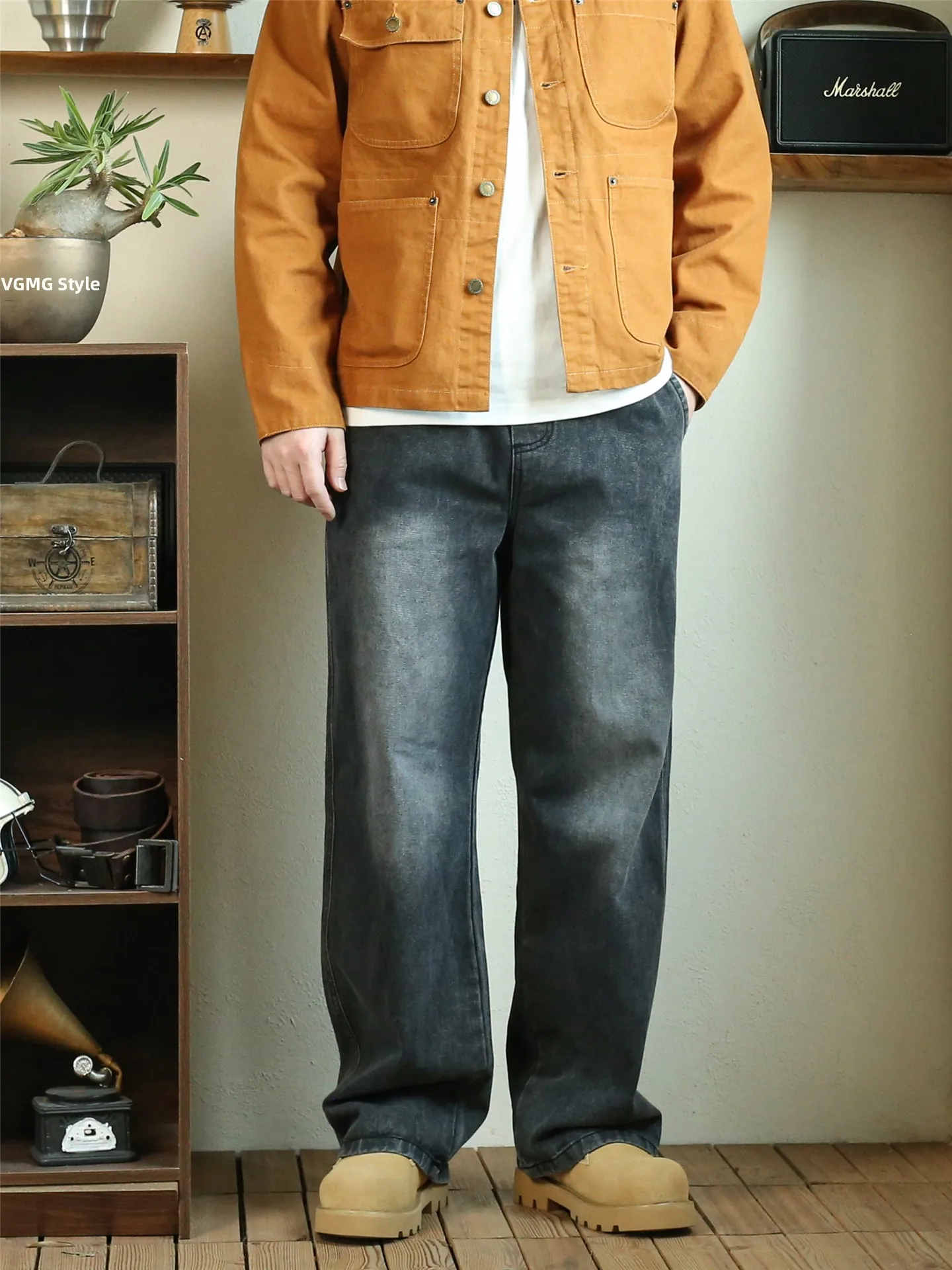 

American Cleanfit High Street Fce Lined Thiened Wide Leg Straight Cut Jeans Men's Winter Warm Loose Fit Classic Sle