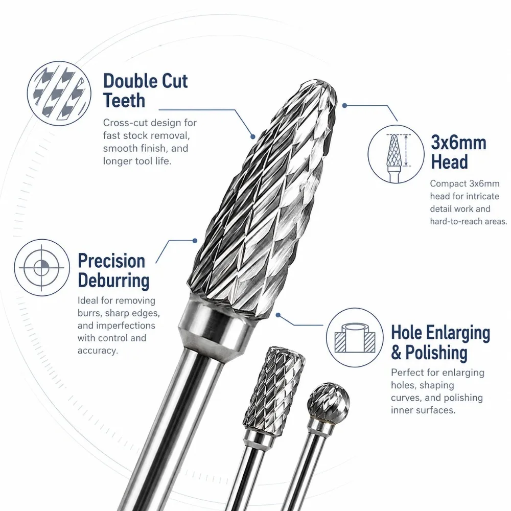 

Double Cut Rotary Burr 3x6mm Grinding Head Metal Deburring Polishing Milling Cutter for Hole Enlarging Workshop Work
