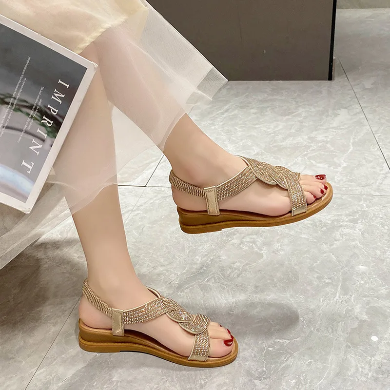 2024 Summer New Sandals Sexy Crystal Women Shoes Wedges Roman Sandals Lady Slippers Female Sandal Elegant Open Toe Women Sandals