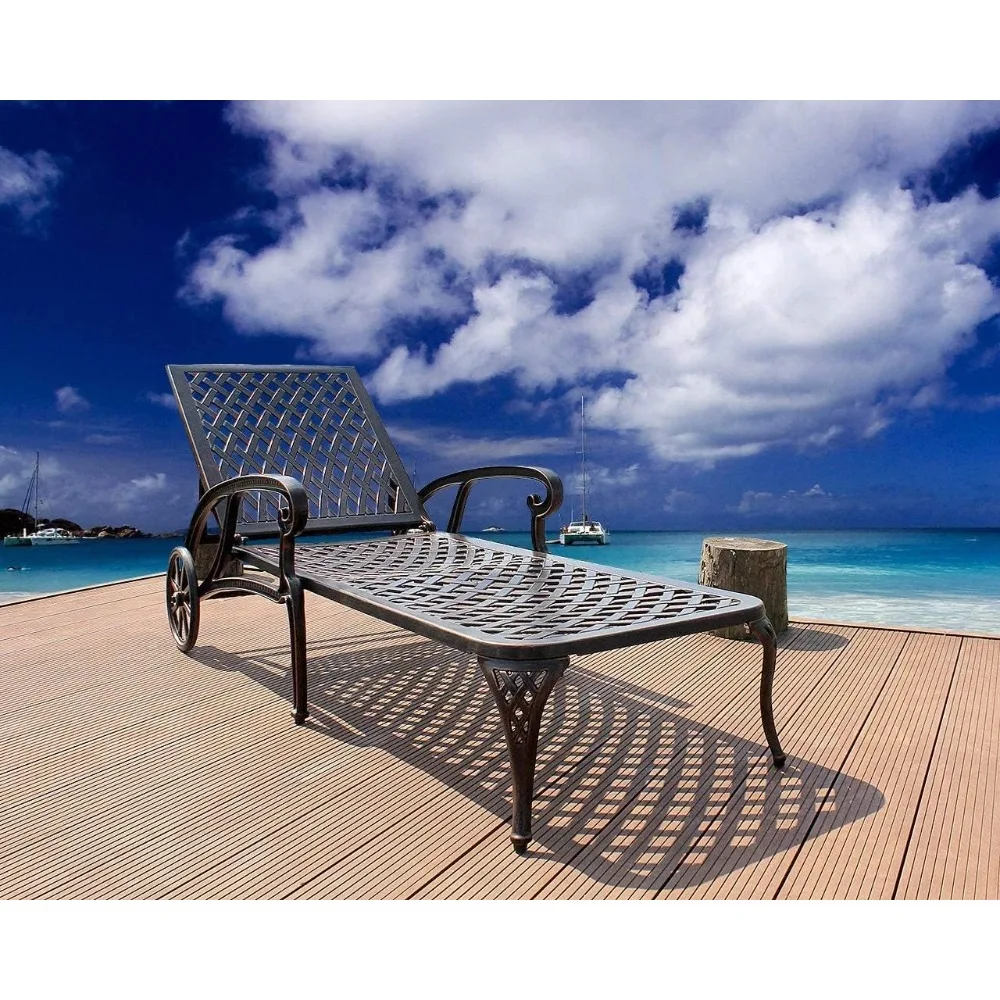 

Cast Aluminum Outdoor Chaise Lounge Chair with Wheels, Patio Chaise Lounge with 3-Position Adjustable Backrest, Outdoor Tanning