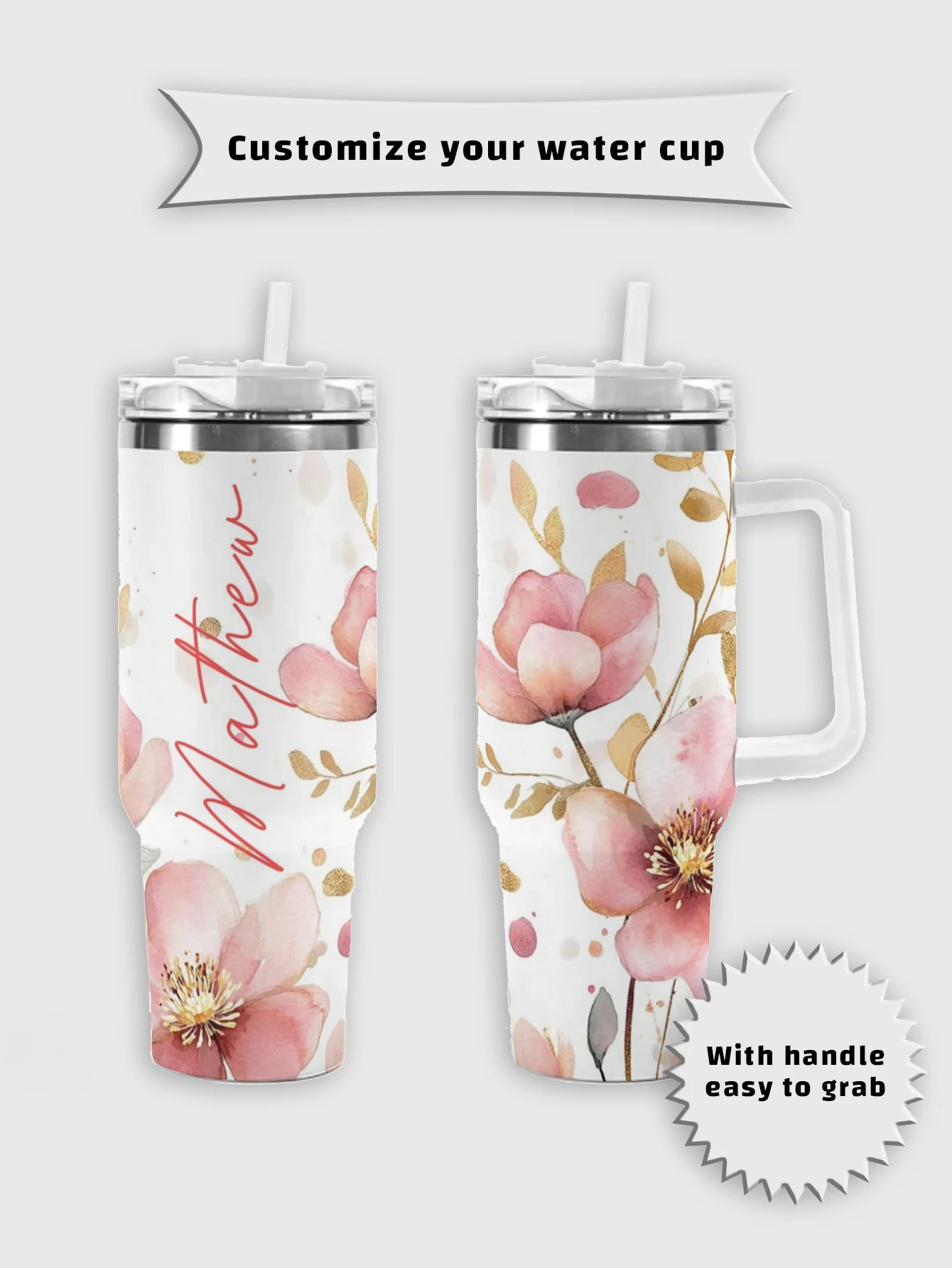 

Персонализированная чашка для воды на 40 унций. Дорожная чашка с текстом и изображением. Чашка для воды из нержавеющей стали. Изолированная чашка для воды.