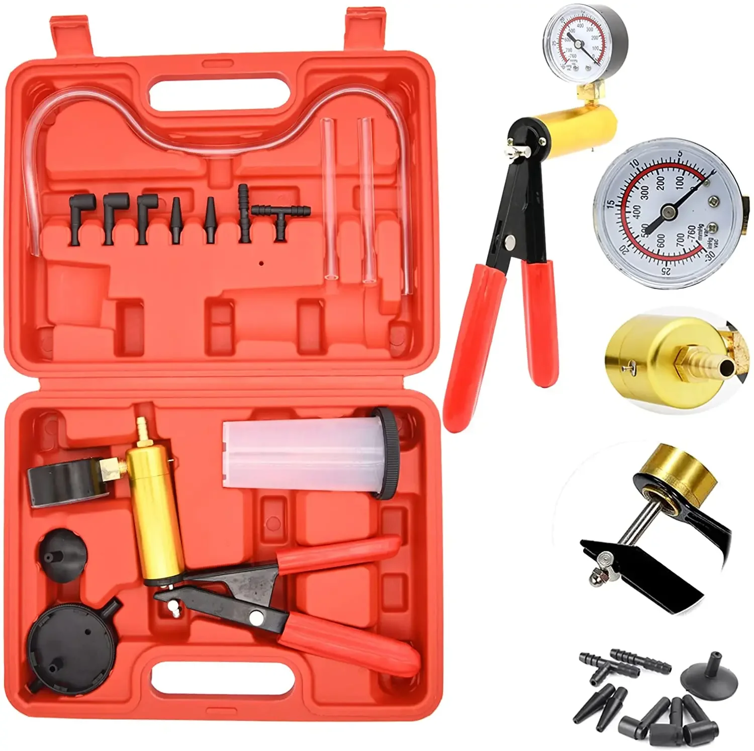 

Professional Car Auto Hand Held Vacuum Pressure Pump Vacuum Tester Brake Bleeder Adaptor Fluid Reservoir Test Bleeding Tool Kit