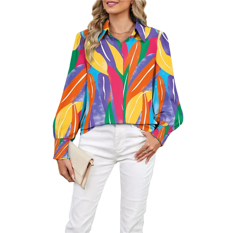 ABRT-Damskie Luźne Bluzki z Dekoltem w Serek i Nadrukiem z Bufiastymi Rękawami w Stylu Boho na Rok 2025