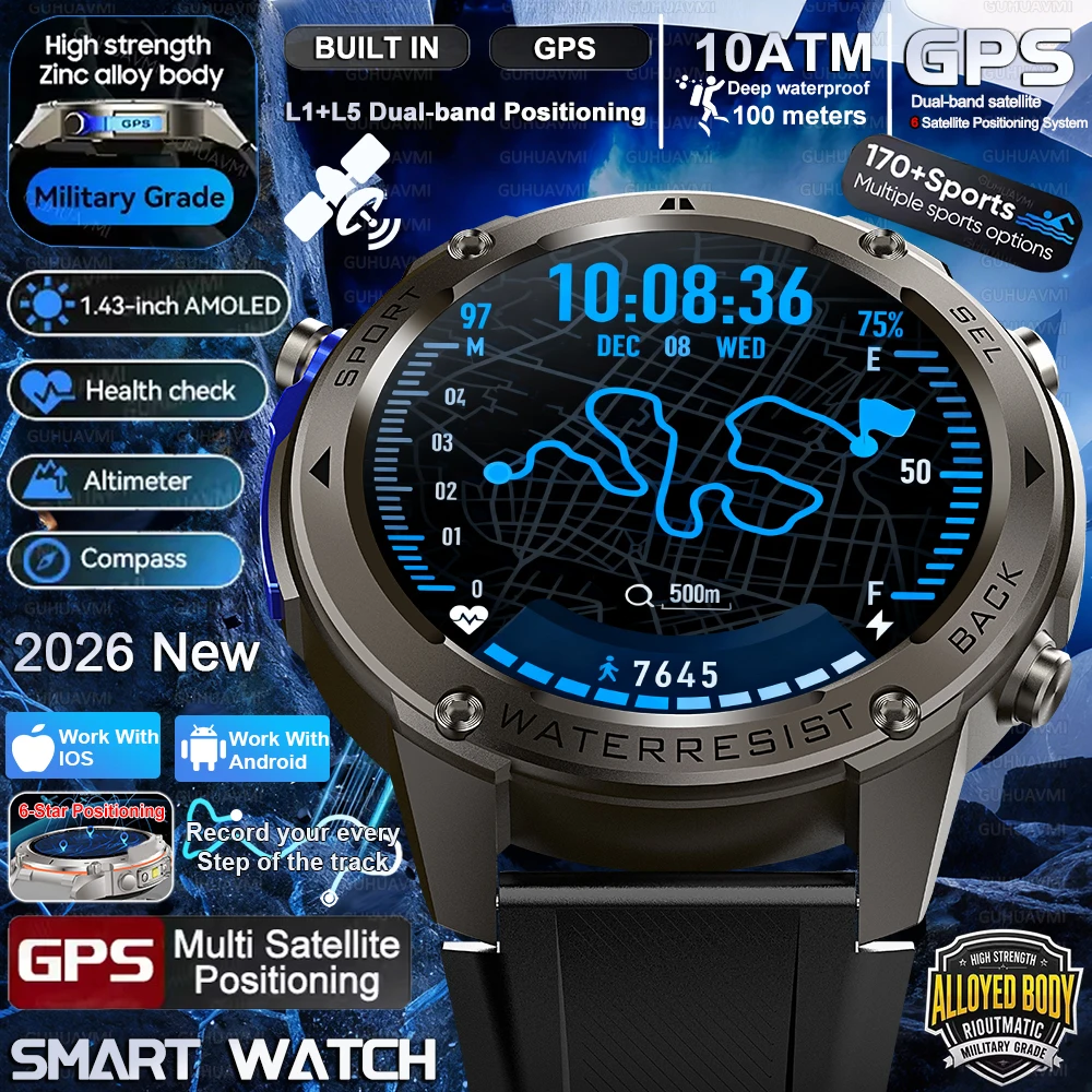 

2026 New ULtra Built in GPS Military Smart Watch Compass Altitude Sports Smart bracelet Men 100m Swimming Waterproof Watch