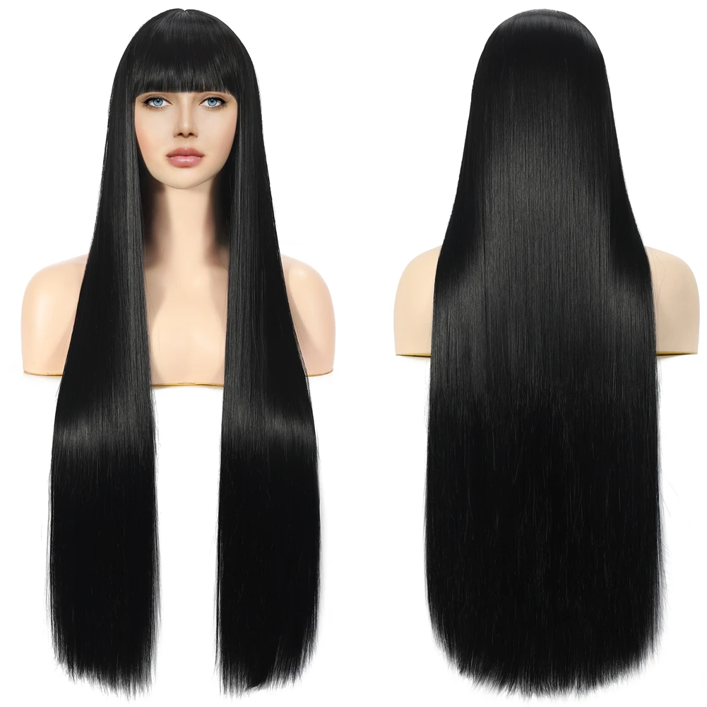 

Long Straight Black Wig with Bangs Synthetic Wigs for Women Heat Resistant Hair Lolita Red Pelucas Daily Cosplay Use