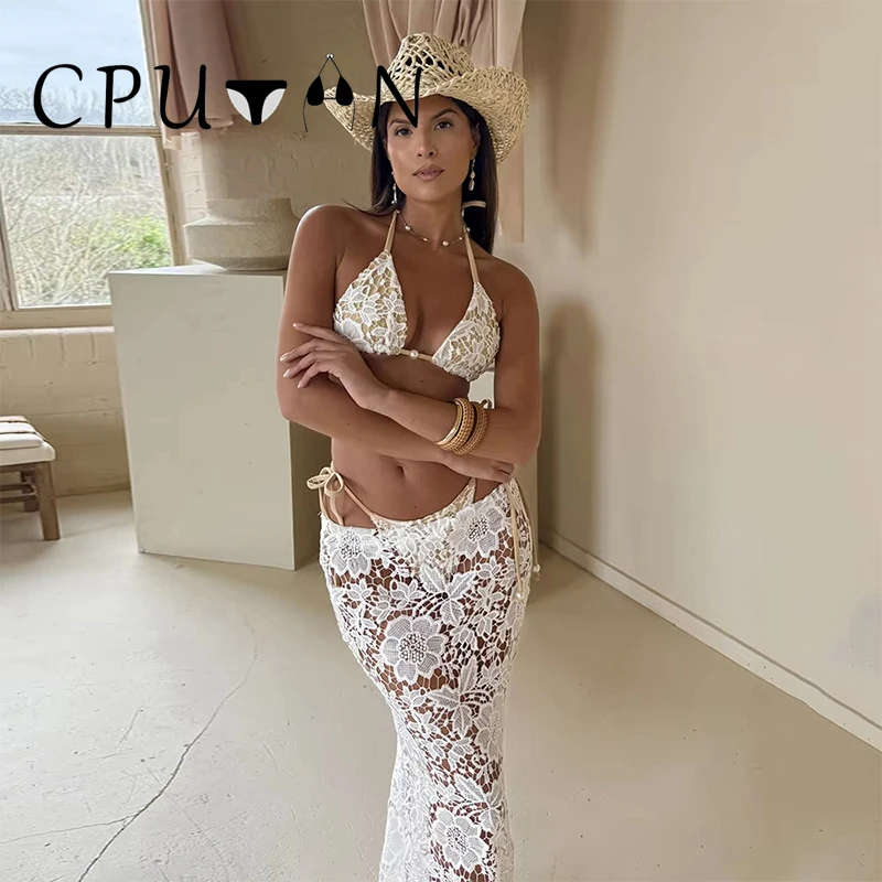 Conjunto de Bikini Sexy de 3 piezas, microbikini para mujer, traje de baño femenino, falda larga, conjunto de Bikini, traje de baño de encaje, ropa de playa para cubrir