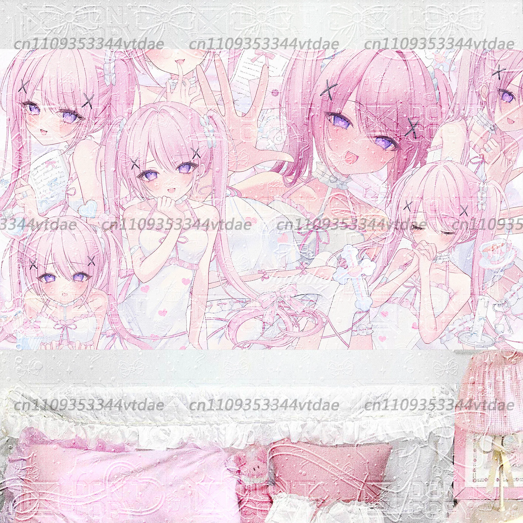 Japanischer Anime Twin Tail Girl Wandteppich, Kawaii Pink Collage Wandbehang, Ins-Style Wohnheim-Dekoration, Ästhetischer Hintergrundstoff
