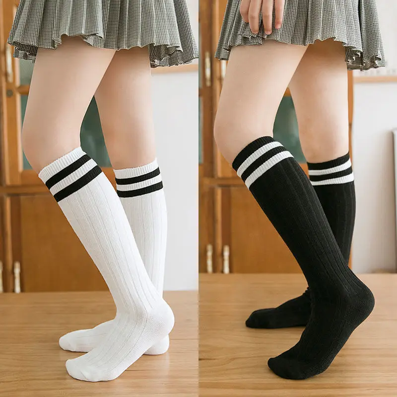 5 Pairs/lot Kids Knee High Long Socks Soft Cotton Black White Stripes Children Sports Socks Boys Girls Classic Preppy Style Sock