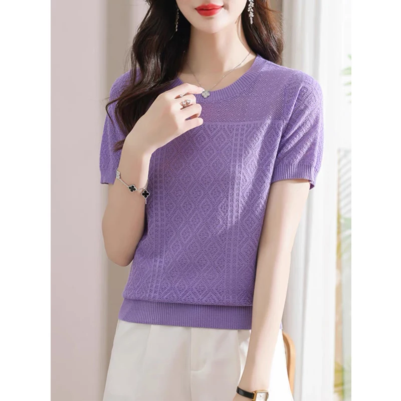 Women Korean Fashion Solid Elegant Ice Silk Knitted T-shirt 2024 New Summer Casual O Neck Short Sleeve Slim Basic Pullover Tops