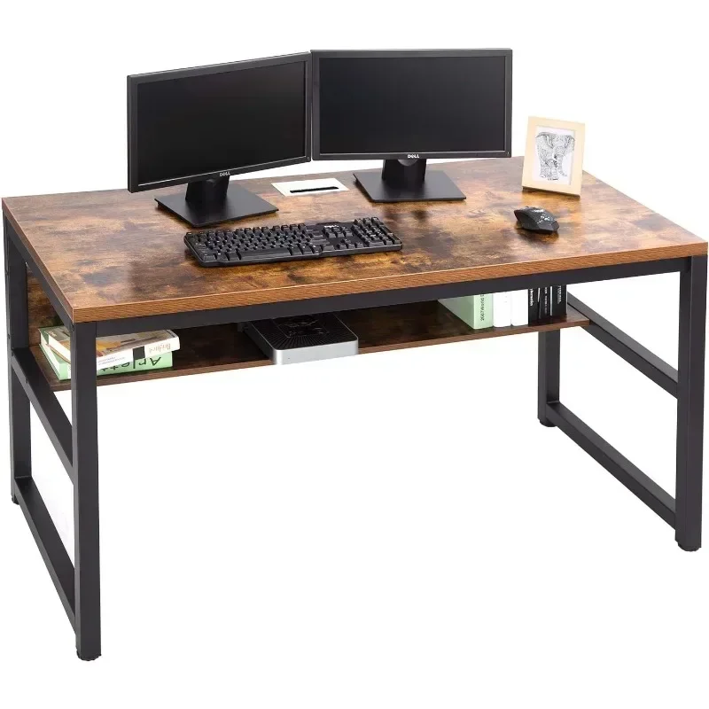 

Computer Desk with Bookshelf/Metal Hole Cable Cover 1.18" Thick Desk (55", Rustic Brown)