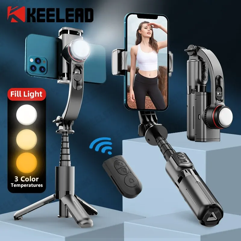 KEELEAD Selfie Stick Gimbal with Fill Light Extendable Bluetooth Remote Tripod for Samsung Xiaomi iPhone 14 Pro Max Smartphone