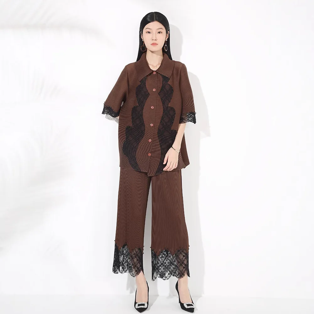 Set Sambungan Mode Kerut Celana Kaki Lurus Gantung Atasan Elastis Gesper Kerah Komuter Temperamen Kelas Atas Set Dua Potong