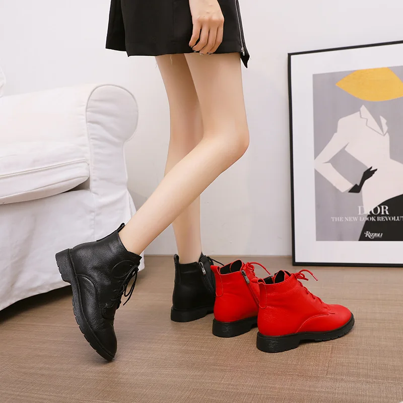 

2022 New Modern Genuine Leather Red Black Boots Women Fashion Autumn Winter Short British Trendy Ladies Boot