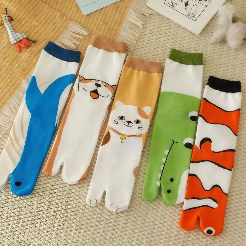 Funny Dolphin Crocodile Cat Toe-socks Comfortable Soft Mid-calf Socks Breathable Long Style Animal Print Socks Women
