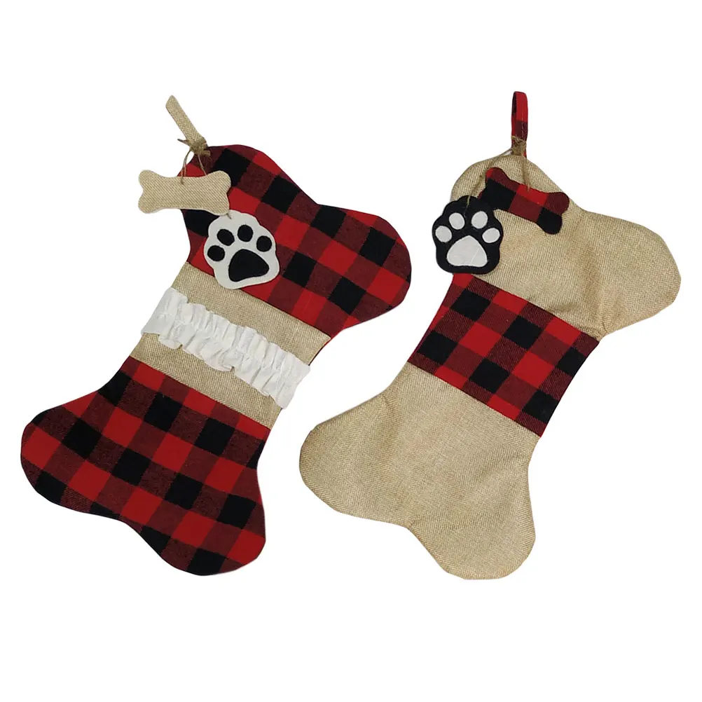 

2pcs Christmas Bone-Shaped Gift Bags Xmas Socks Hanging Pouch Festive Decor Red Black Grid Pattern Cloth Bag For Candies