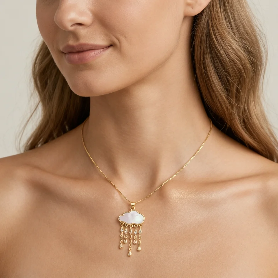 Nidin New Arrival Shell Cloud Pendant Necklace For Women Cubic Zirconia Moon & Raindrop Tassel Necklaces Fashion Jewelry Gifts