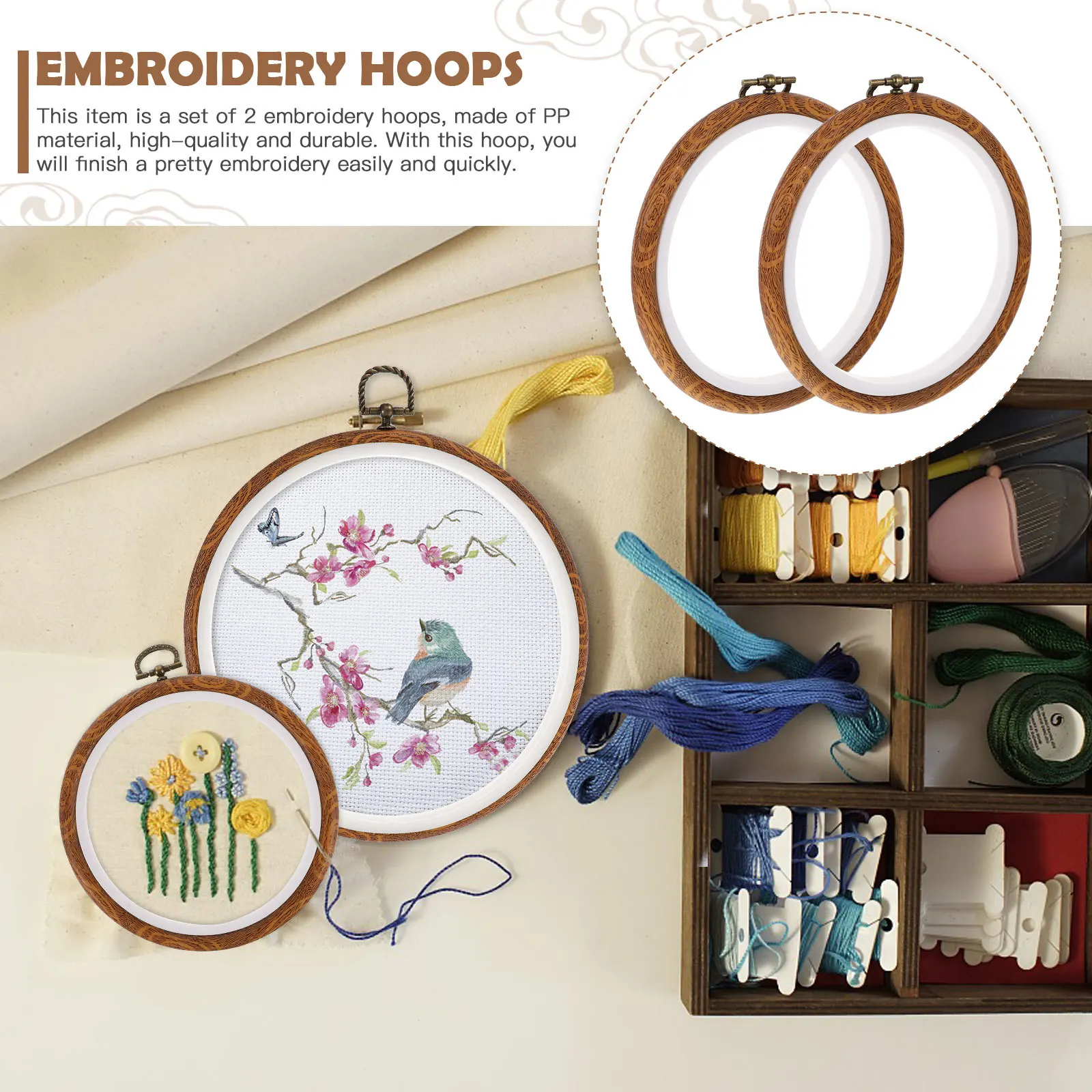 

2Pcs Cross Stitch Embroidery Hoops Plastic Circles Imitation Wood for Quilting Needlework Wall Wedding Decoration Handicraft