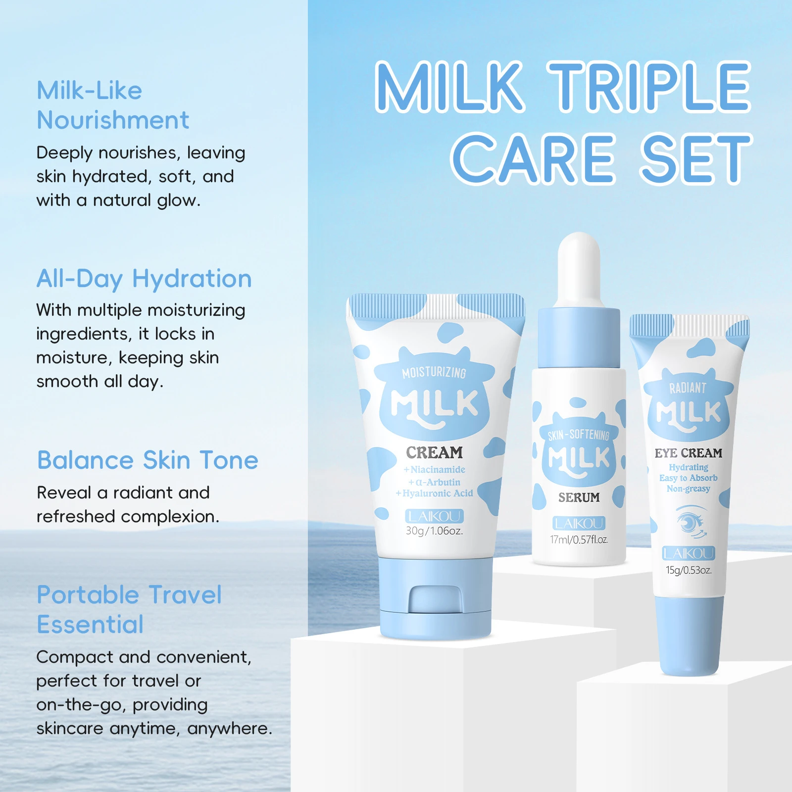 

LAIKOU Milk 3Pcs Travel Set, Essence 17ml + Eye Cream 15g + Moisturizing Cream 30g, Hydrating Nourishing Skin Care Kit