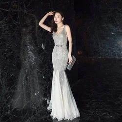 Sexy Prom Dresses Floor-Length In Stock Flexible Sequin V-Neck Mermaid Evening Dresses With Belt Customized