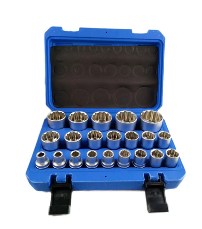 21PC 6/12 Corners Socket Wrench Set Lock Socket Torx Hex Torx Splined Bit Socket Set 1/2” Hex Socket Repair Tool Kit 8-32mm