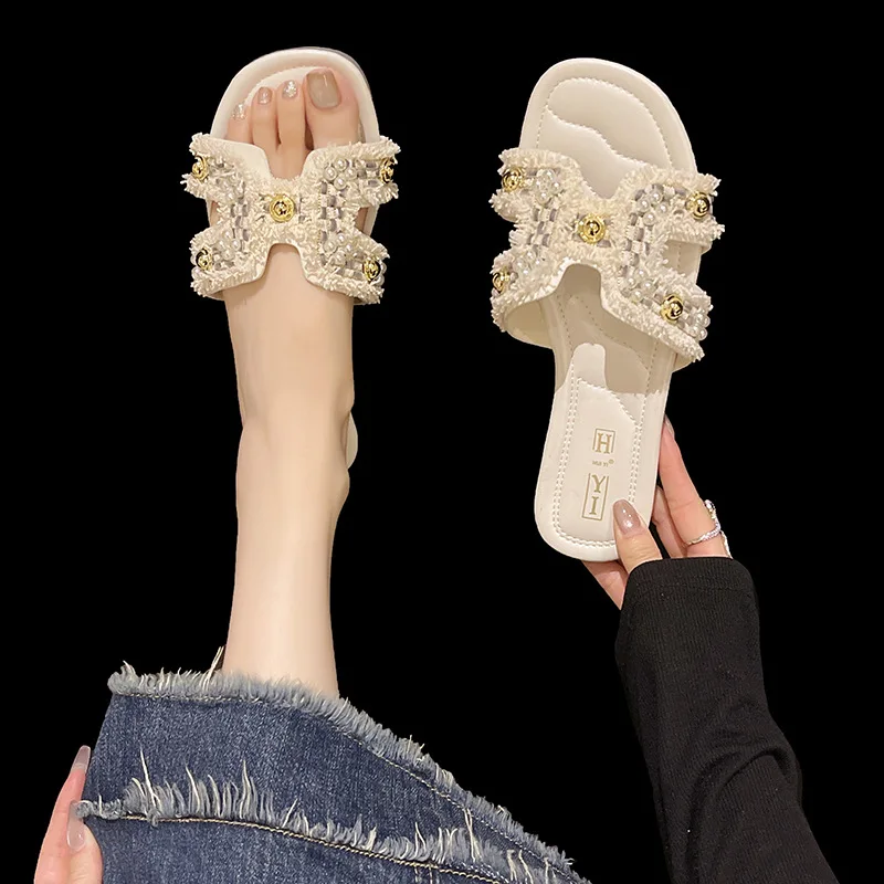 2026 Summer Fashion Sandals for women Sweet Soft Sole Pearl One-Strap Women's Sandals Low Heel Women's Beach Sandals