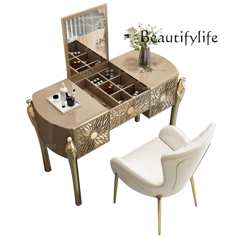 

Light luxury dresser Hong Kong-style bedroom post-modern stainless steel small apartment mini simple paint makeup table
