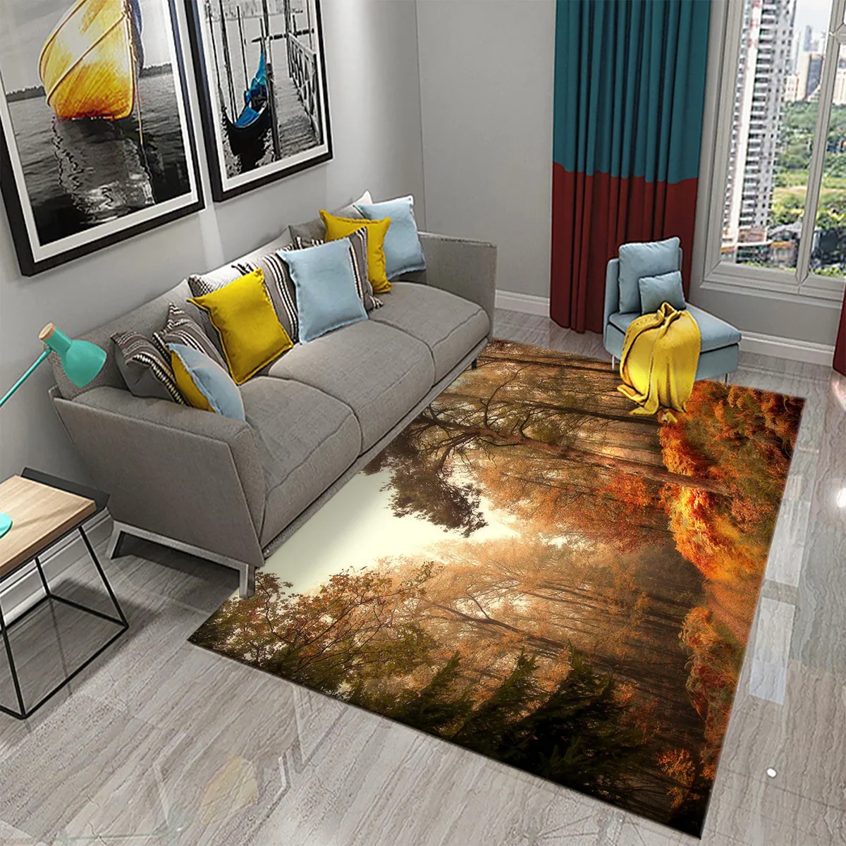 Forest Carpet Landscape Tree Fallen Leaves Sunset Carpet for Living Room Bedroom Bathroom Entrance Anti-slip Carpet Home Decor