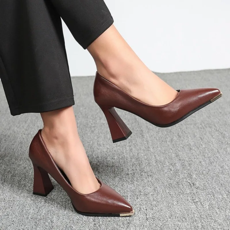 

Новые весенние женские туфли-лодочки с острым носком на толстом каблуке в корейском стиле, профессиональные, простые, на высоком каблуке