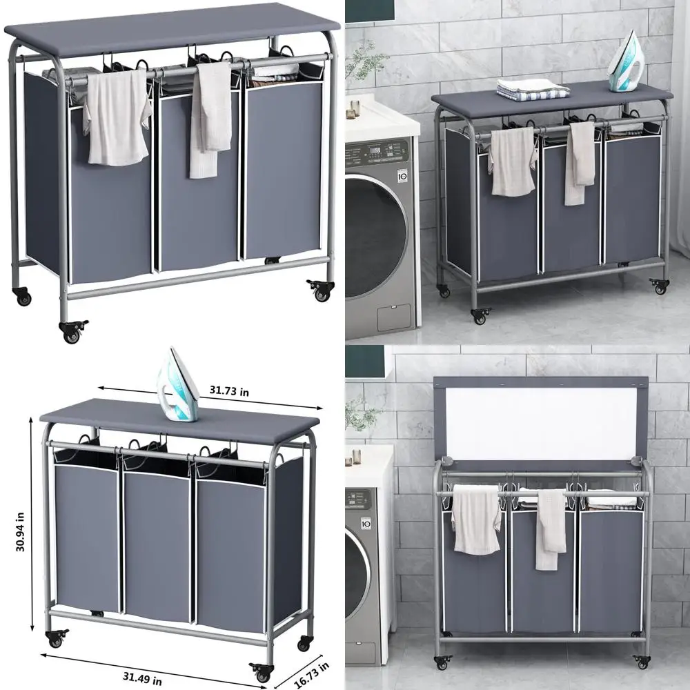 

Сверхмощный сортировщик белья на колесиках с запираемыми колесами, гладильной доской и съемными сумками, серый