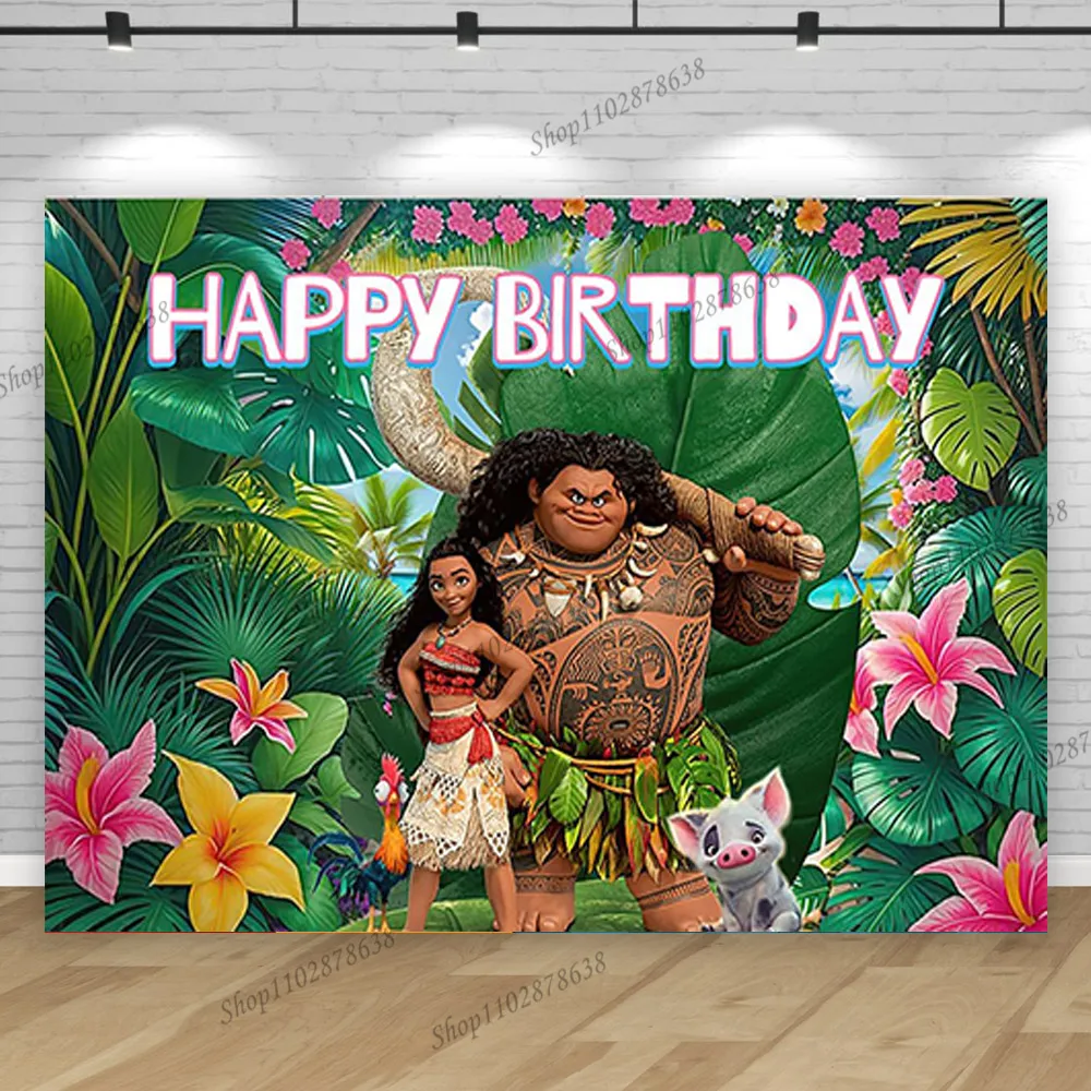 Princess Moana Birthday Backdrop Photography Girl Baby Shower Party Background Vaiana Father Family Tropical Flower Ocean Banner