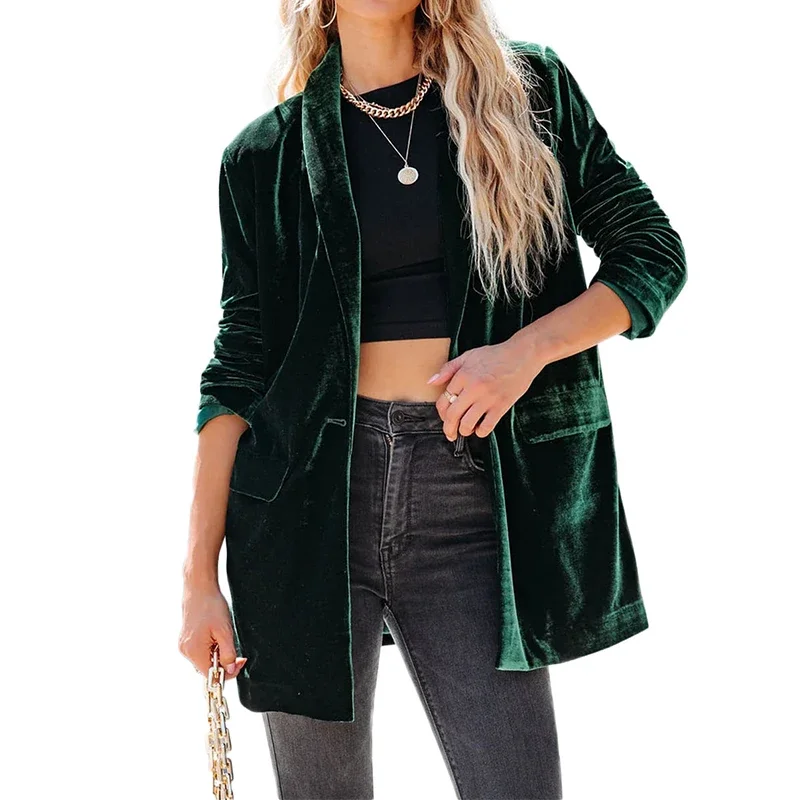 

Green Woman Casual Pocketed Velvet Blazer Vintage Long Sleeve Daily Office Ladies Autumn Solid Blazers with Pocket