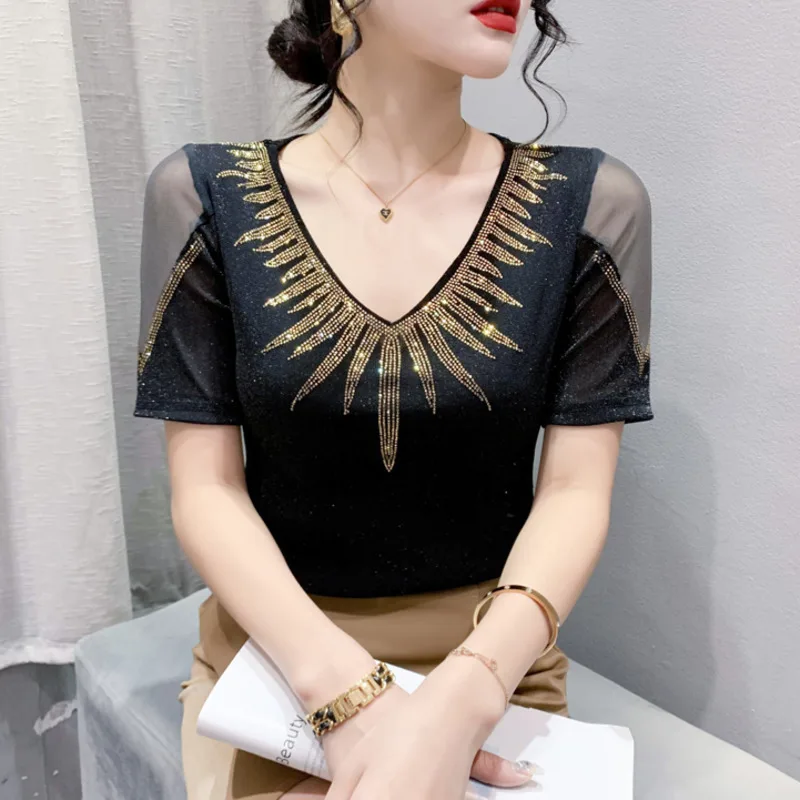 #5415 Black Blue Mesh T Shirt Women V-neck Diamonds Sexy Skinny Office T-shirt Short Sleeve Spliced Mesh Off Shoulder Summer2023