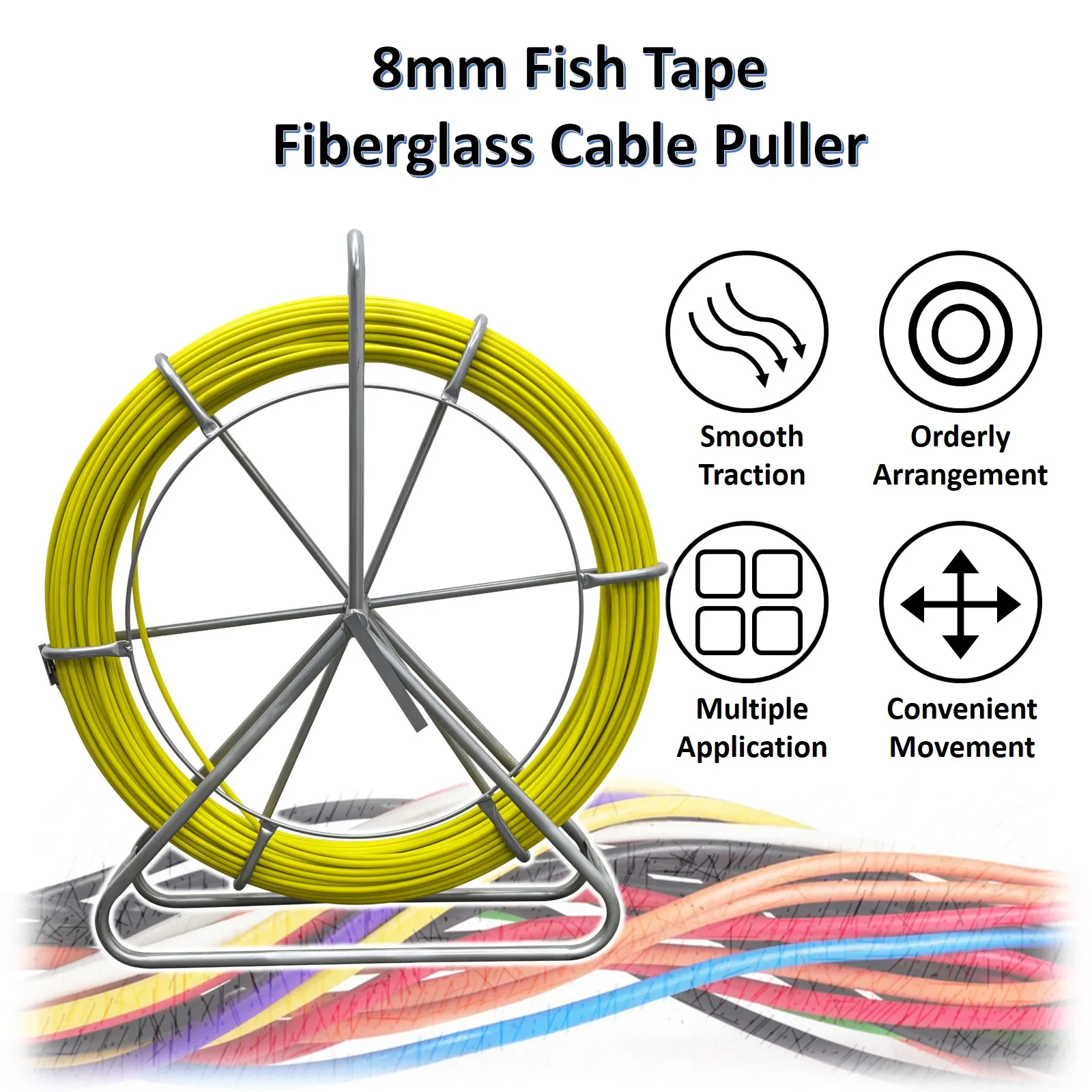 8mm Fish Tape Continuous Fiberglass Wire Cable Running Rod Duct Rodder Fishtape Puller with Brake 100m/328ft Length