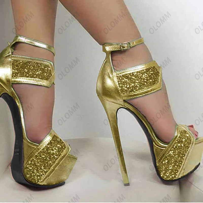 Olomm Handmade Women Platform Sandals Stiletto Heels Round Toe Gorgeous Silver Gold Night Club Shoes Size 35 47 52