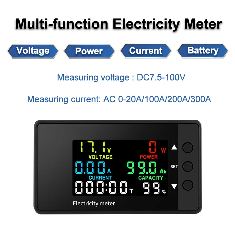 Multifuncional Led Digital Medidor Elétrico Voltímetro Amperímetro Tensão Corrente dc 7.5100v 20a 100a 200a 300a 6in 1