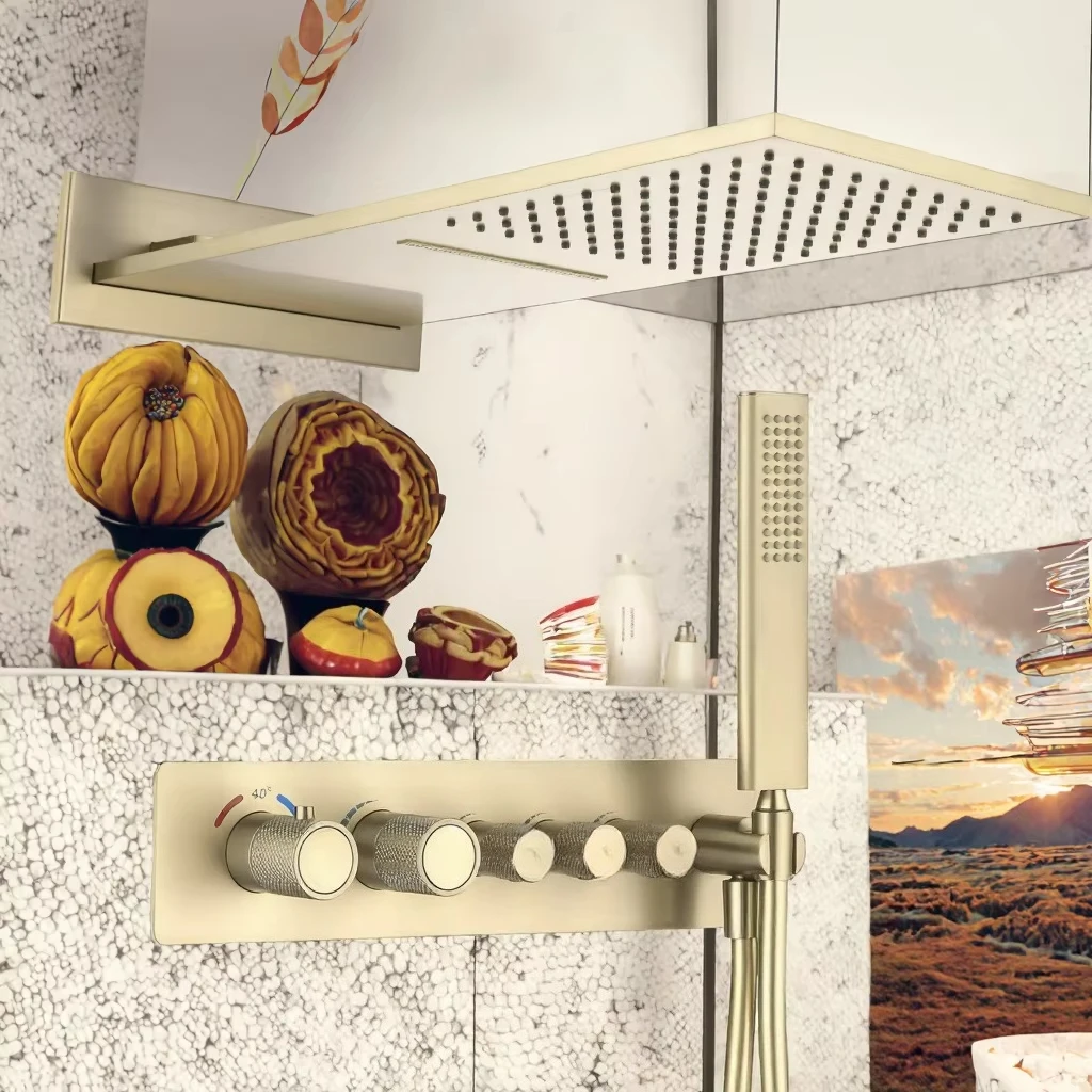高品質真鍮製隠蔽型サーモスタットシャワー水栓 ブラッシュドゴールド レインフォール ウォーターフォール設置セット マッサージスプレーパターン
