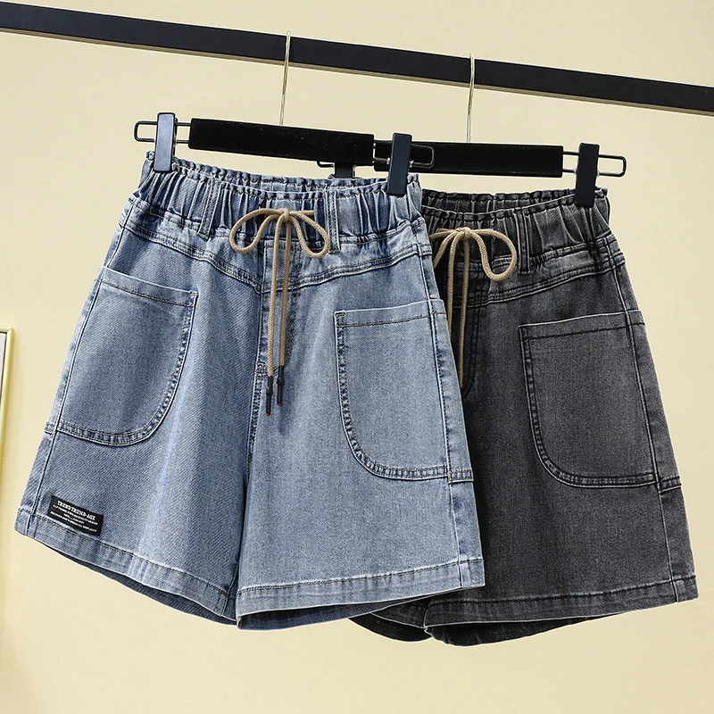 

5XL Summer Female Denim Shorts 100Kg All Match Elastic High Waist A Line Wide Leg Loose Simple Double Big Pockets Women Jeans