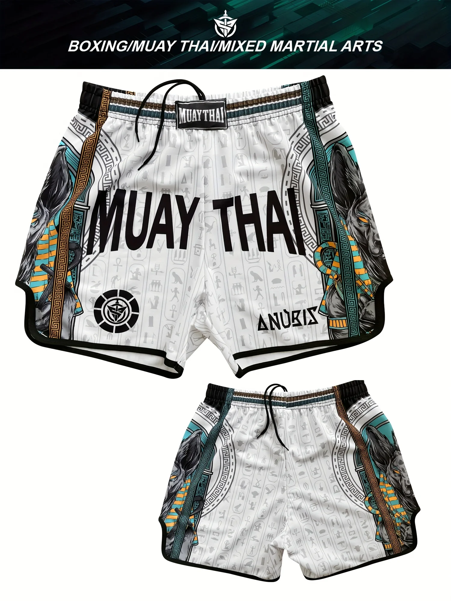 

Anubis Combat Muay Thai Training Shorts | High-Stretch Elastic Drawstring Gym Shorts with Retro Graphic Design