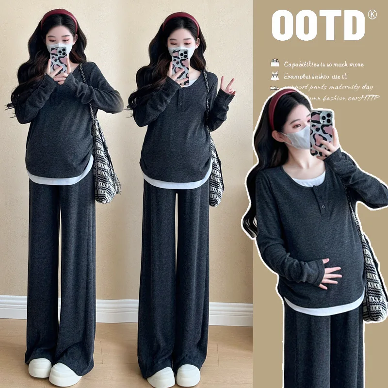 

2025 Minimalist Pregnancy Outfit Autumn Fake Two Layer Long Sleeve Top with Belly Support Pants Comfortable Maternity Set