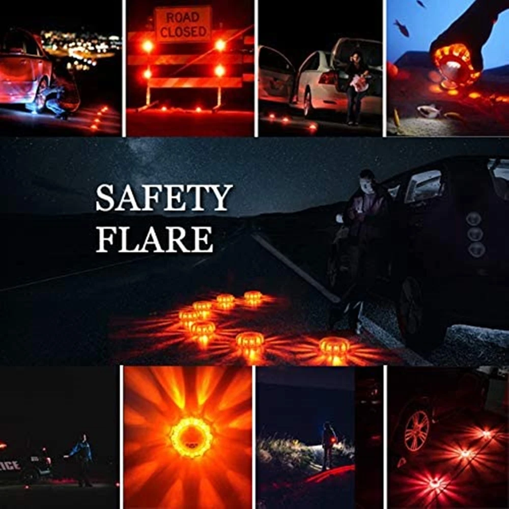 USB Rechargeable LED Road Flares Emergency Lights Roadside Warning Car Safety Beacon Flashing Disc Flare Kit with Magnetic Base