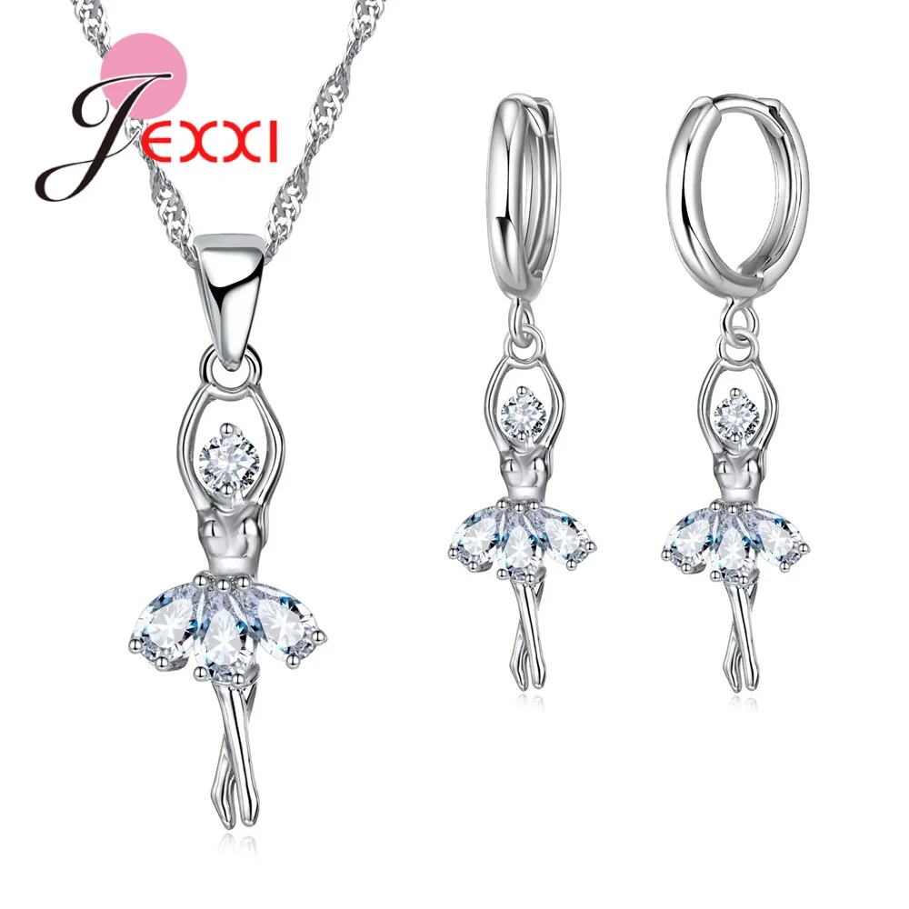 High-End Women Jewelry Sets Ballet Girls Figure Women Usual 925 Sterling Silver Necklace And Hoop Earrings Accessory