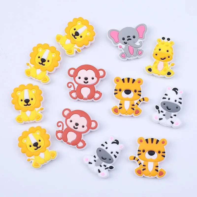 10Pcs Silicone Chew Beads Cartoon Elephant Tiger Teether Beads For Pacifier Chain Bracelet Making DIY Plastic Pen Accessory