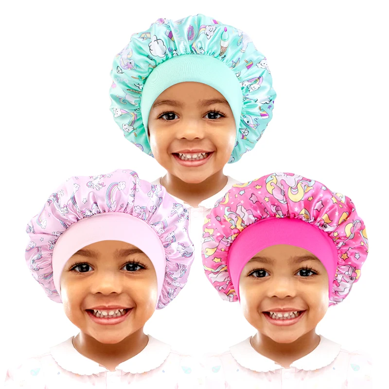 3PCS/LOT Unicorn Cartoon Print Kids Satin Bonnet Sleep Hat Turban Nightcap Sleeping Hat Baby Child Headwear Hair Care Caps