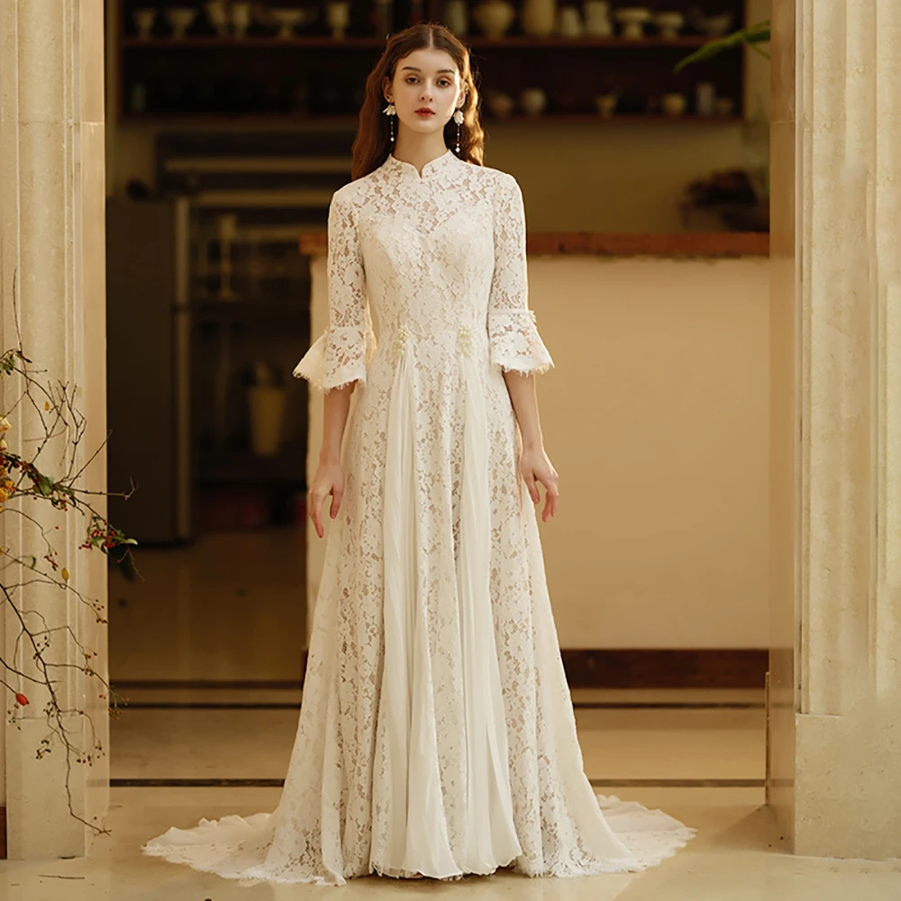 

MULONG Mandarin Collar Exquisite Lace Chiffon Wedding Dresses A-line Keyhole Pleated Vestidos De Novia Pearls Robe De Mariée