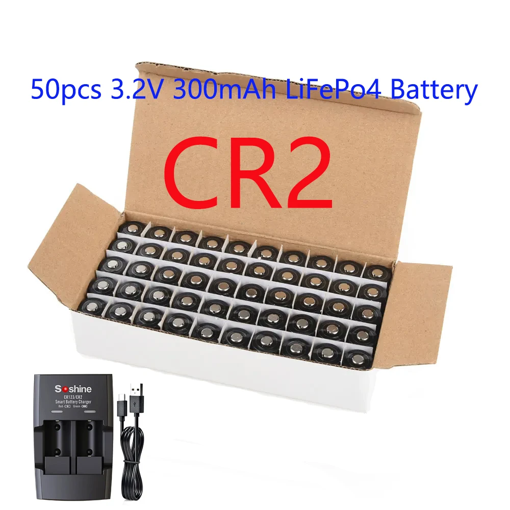 

Soshine 50pcs 3.2V 300mAh LiFePo4 Battery CR2 Rechargeable Battery and Chargerfor Rangefinders Telescopes Electric Smoke Alarms
