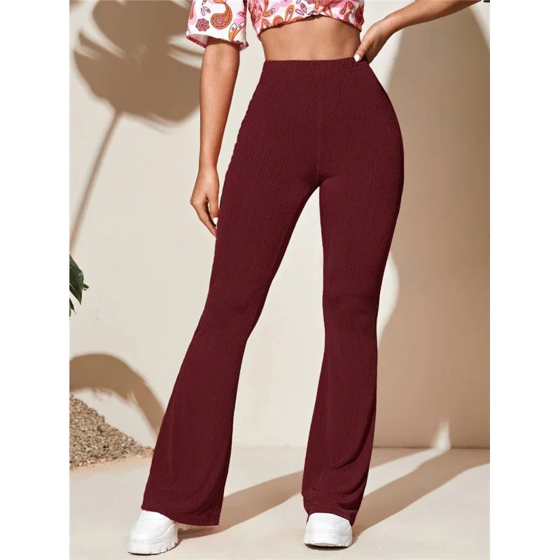 Y2K Women Summer Bell-Bottoms Elastic Waist Yoga Pants Sexy High Waist Wide Leg Long Trousers Casual Solid Knitted Flare Pants