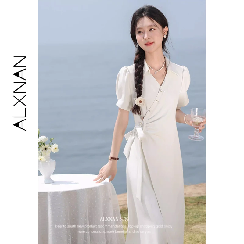 ALXNAN Women's Short Sleeve Dress Summer Lapel Pleated Button Waist Slim Long Dresses Casual Office Lady Clothing QYM002533