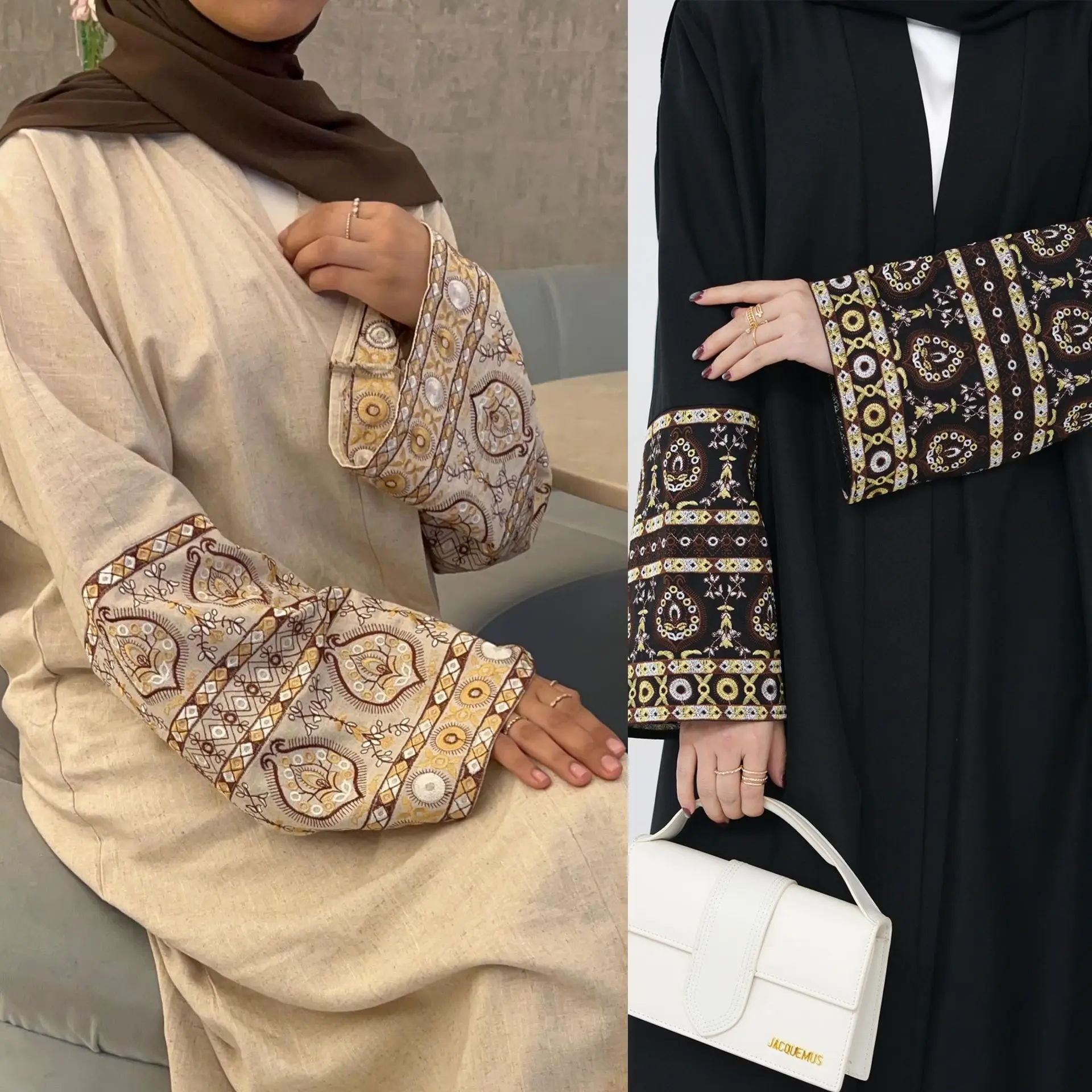

New Design Abayas Open Exquisite Embroidery Sleeves Fashion Open Abaya Solid Cotton Linen Elegant Open Abaya