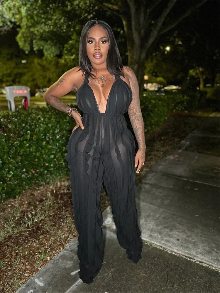 Wmster ジャンプスーツ女性のセクシーなパーティークラブロンパースフリルホルター背中の開いたノースリーブワイドレッグ遊び着新卸売ドロップシッピング